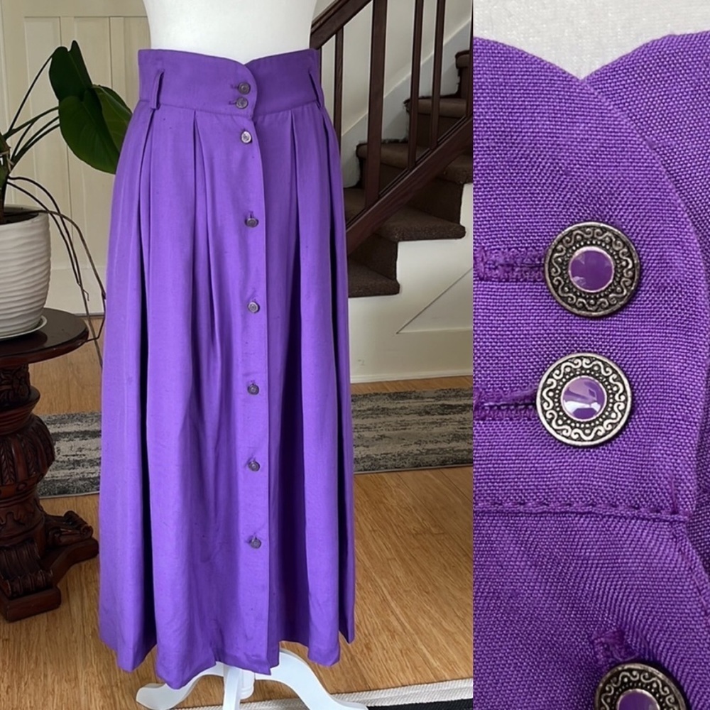 Vintage High Waisted Button Front Pleated A-Line Skirt Eggplant Purple
